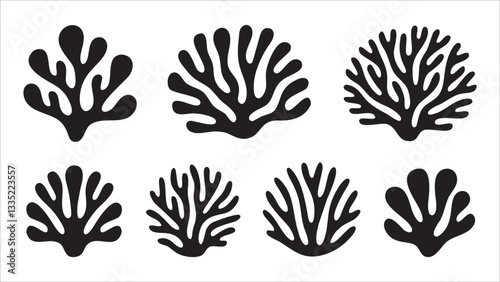 Seven Black Silhouettes of Abstract Seaweed and Coral