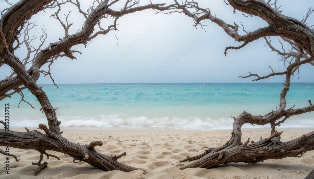 Serene Beach Scene Framed by Twisted Driftwood Near the Shore Serene Beach Scene Framed by Twisted Driftwood Near the Shore