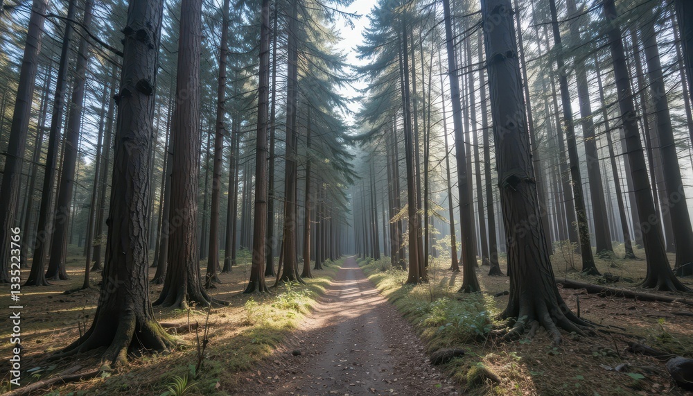Fototapeta premium Serene Pathway Through Tall Evergreen Trees in Misty Forest
