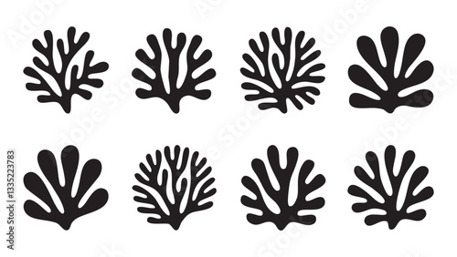Eight Abstract Black Coral Reef Seaweed Designs Silhouettes