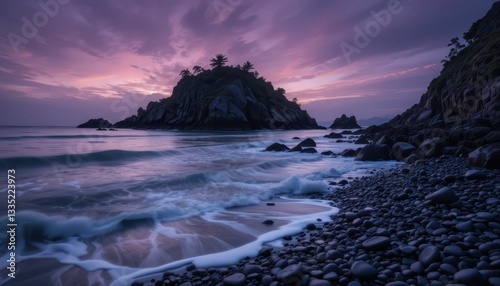 Serene Sunset Over Rocky Shoreline with Gentle Ocean Waves