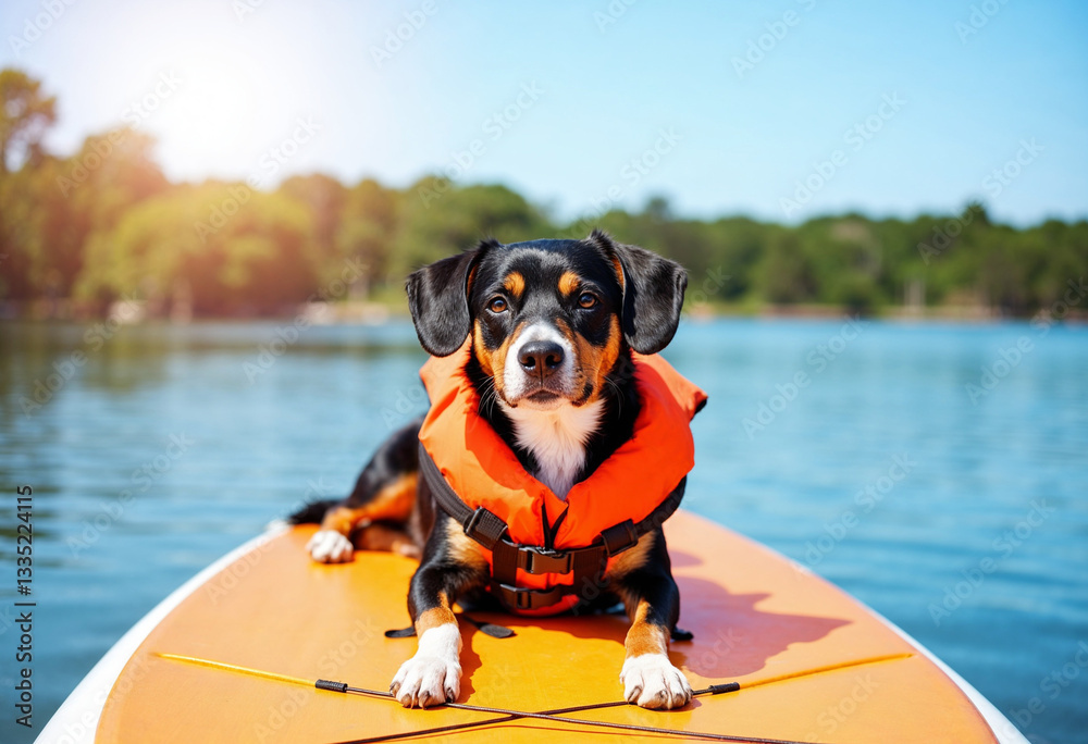 dog wearing orange water life jacket laying on the sup paddle board