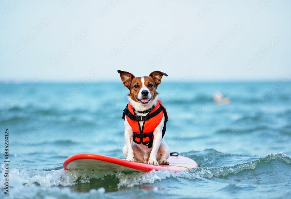 Jack russel dog wearing a life vest sitting on surfboard - front view