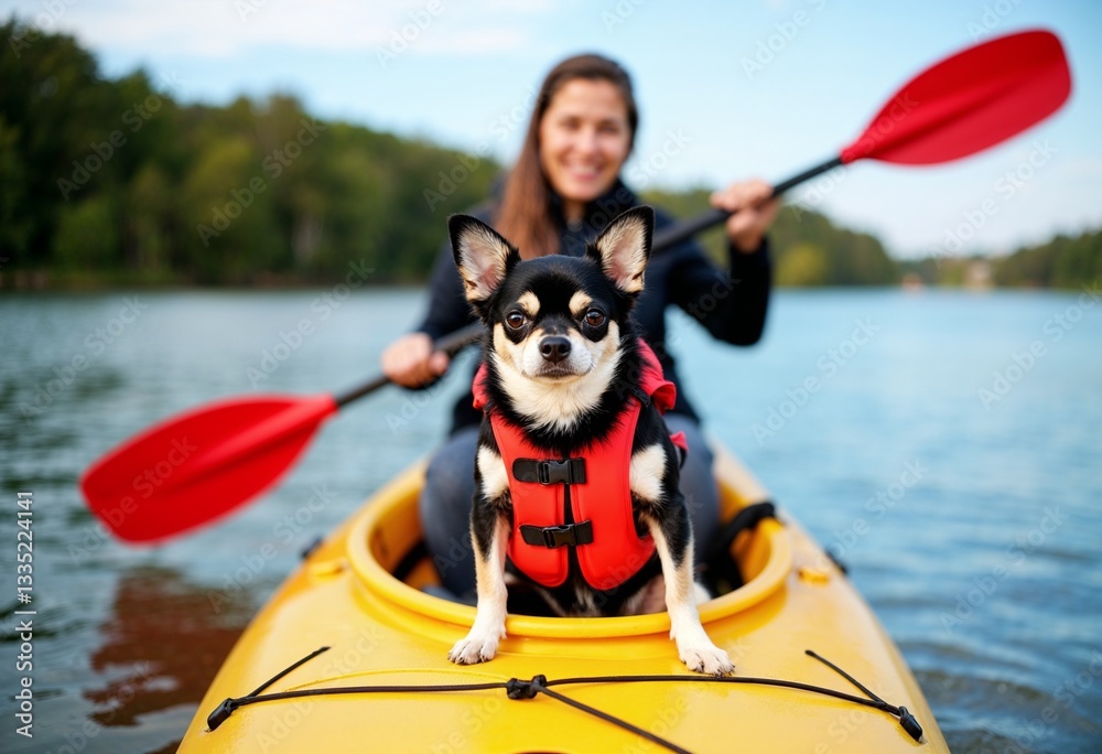 The chihahua wearing safety vest posing in the kayak against the smiling paddling owner
