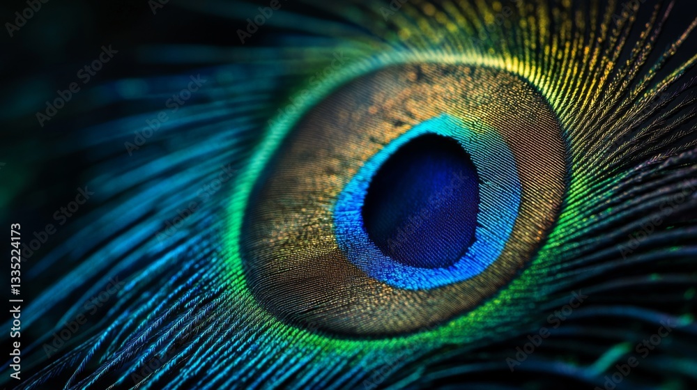 Obraz premium Vibrant peacock feather close-up with rich colors and intricate details, perfect for nature and art design