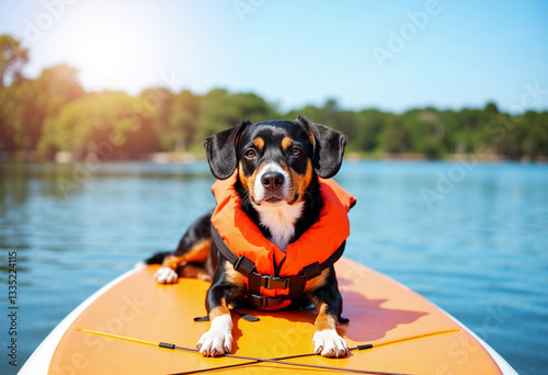 Obraz na płótnie dog wearing orange water life jacket laying on the sup paddle board w salonie