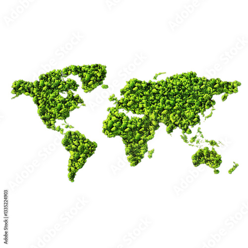 An illustration in the shape of a world map composed of green trees, ideal for global environmental protection and sustainable development themes.