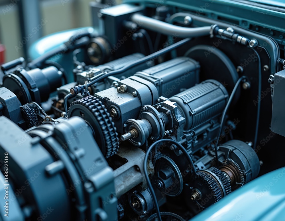 Fototapeta premium Close up of vintage car engine compartment motor belts, pulleys, gears, alternator, equipment. Assembled auto diesel engine. Antique automotive industrial background for transportation, engineering,