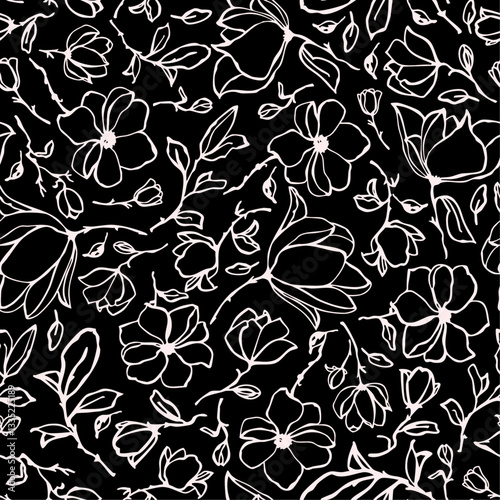 Hand drawn, line ar flowers with leaves seamless repeat pattern. Random placed, vector botany aop, all over surface print on black background.