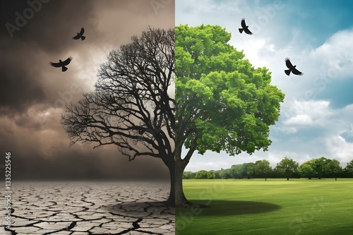 A tree between a dry desert and fertile land.Concept of global warming, climate change and the impact of ozone layer depletion. World earth day.