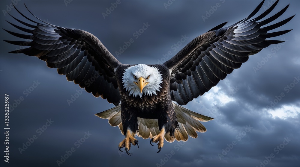 Fototapeta premium Majestic Bald Eagle Soaring Under a Full Moon in a Starry Night Sky