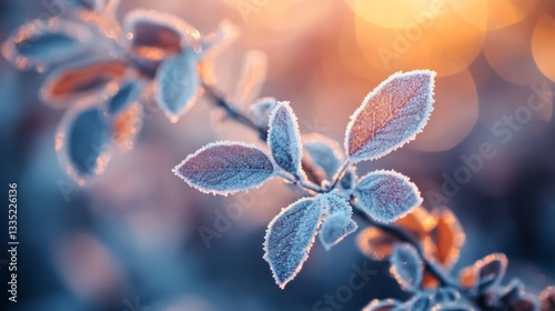 Frost-covered leaves at dawn: capturing nature's winter beauty and serene morning light photo