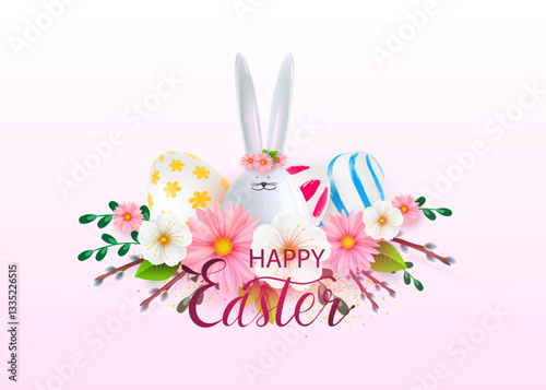 Easter poster with ceramic bunny, flowers, colorful Easter eggs decorated with pattern. Easter greetings and gifts. Easter promotion and shopping template. Vector