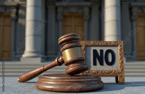 Wooden gavel rests near sign with word no before courthouse. Prohibition, restriction denial concept. Symbol of law, authority, court, justice, fairness, inequality themes. Regulatory compliance photo