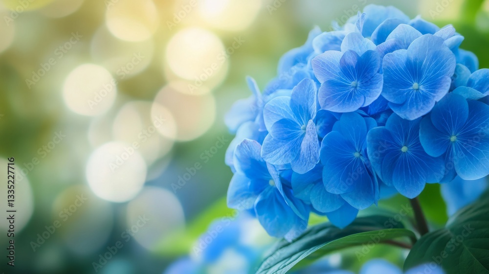 Fototapeta premium Vibrant blue hydrangea blossoms in sunlit garden scene