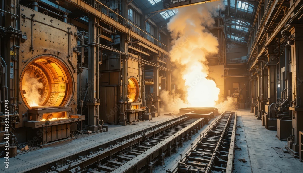 Naklejka premium Industrial Furnace in Operation with Flames and Smoke in Factory