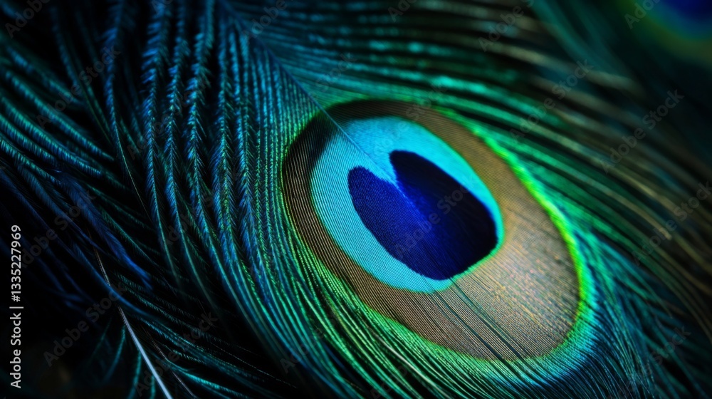 Fototapeta premium Close-up of vibrant peacock feather eye pattern in luminous green and blue colors