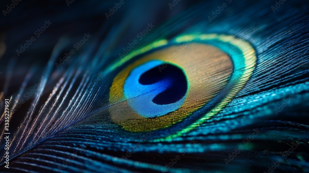 Naklejka premium Vibrant peacock feather close-up capturing nature's intricate beauty for art and design