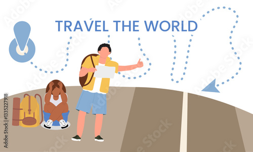 Young characters man and woman hitchhiking for travel and adventure with big backpack and traveler gear, standing, catching a car, fellow traveler, sign, location, Travel the world, vector