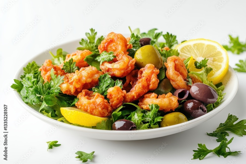 Fried squid with salad parsley olives and lemon on a white background Fried squid with salad parsley olives and lemon on a white background
