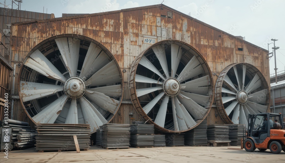 Large Industrial Fans in a Warehouse with Rusty Metal Texture Large Industrial Fans in a Warehouse with Rusty Metal Texture
