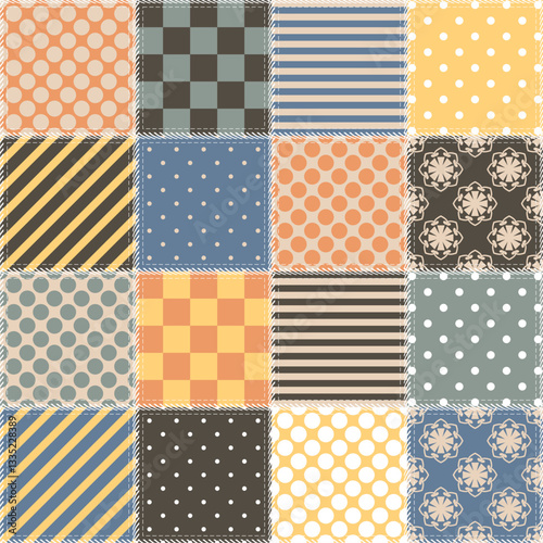 Patchwork print wallpaper background with different patterns quilting hobby craft handmade 
