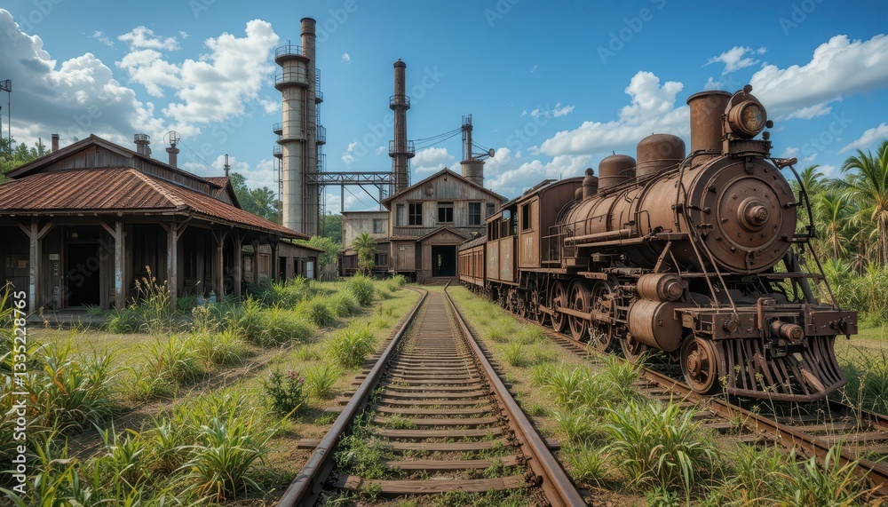 Naklejka premium Vintage Steam Train in Abandoned Industrial Setting with Greenery