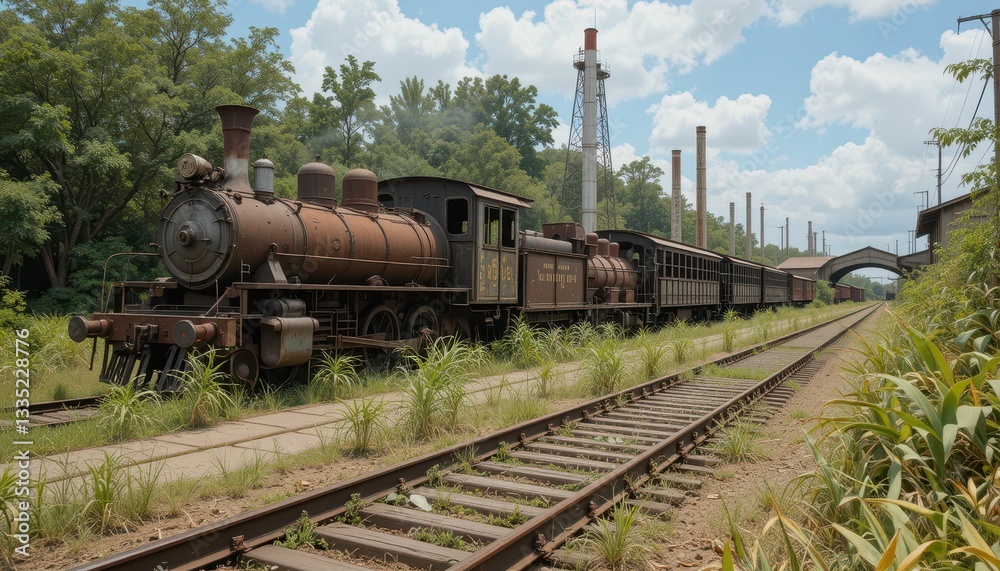Fototapeta premium Vintage Train on Abandoned Railway Surrounded by Lush Vegetation