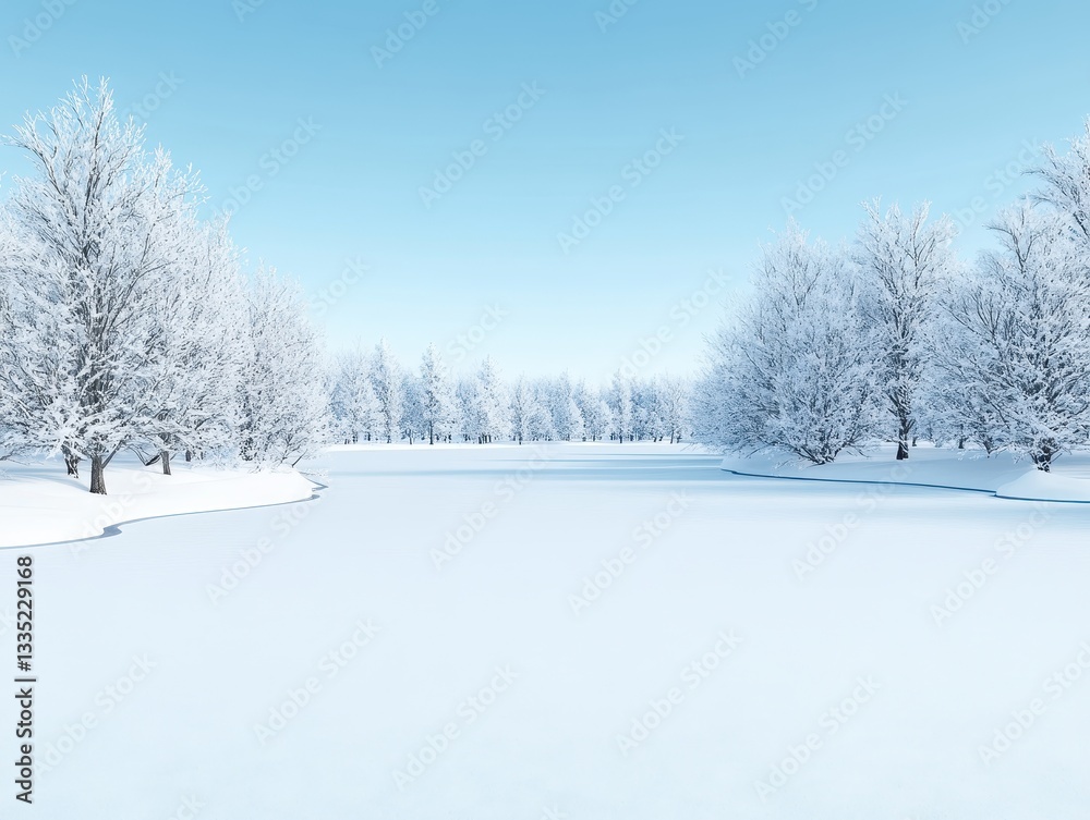 Serene winter landscape with snow-covered trees and a frozen lake under a clear sky Serene winter landscape with snow-covered trees and a frozen lake under a clear sky