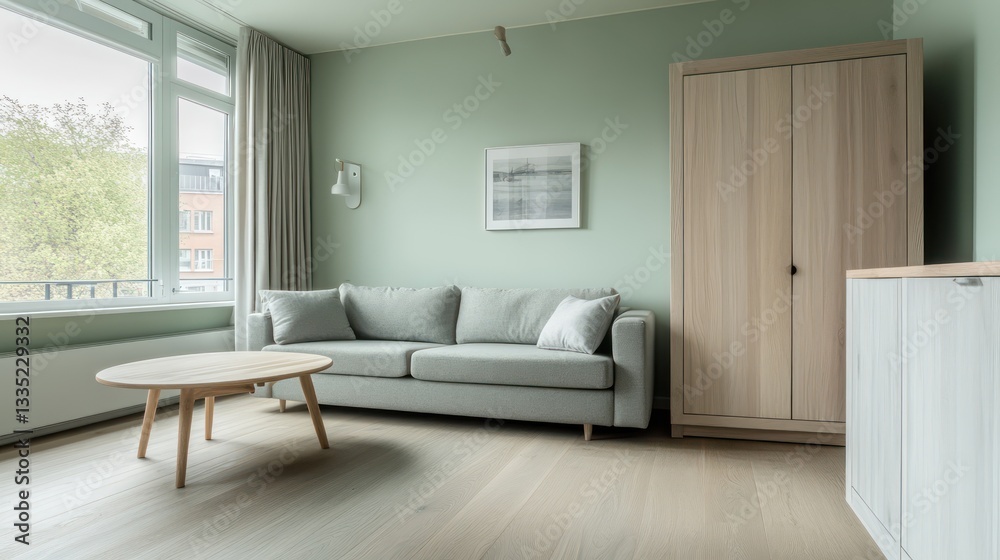 Fototapeta premium A contemporary studio apartment with light wooden floors and soft mint green walls