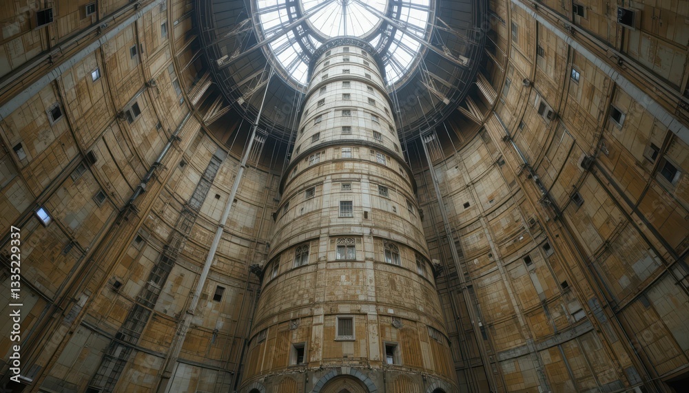 Naklejka premium Stunning Interior View of a Circular Industrial Structure with Skylight