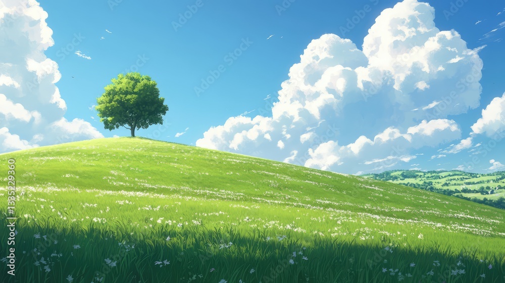 Fototapeta premium Panoramic View: Green Hills and Meadows Beneath Blue Skies and White Clouds (AI-Generated)