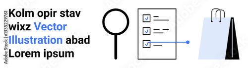 Magnifying glass, checklist with checkmarks, and shopping bags reflecting search, task tracking, and retail. Ideal for productivity, e-commerce, planning, organization task management learning