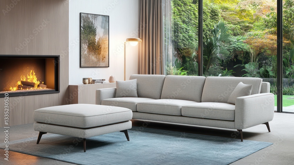 Fototapeta premium A cozy living room with a light gray fabric sofa featuring sleek armrests, paired with a matching ottoman