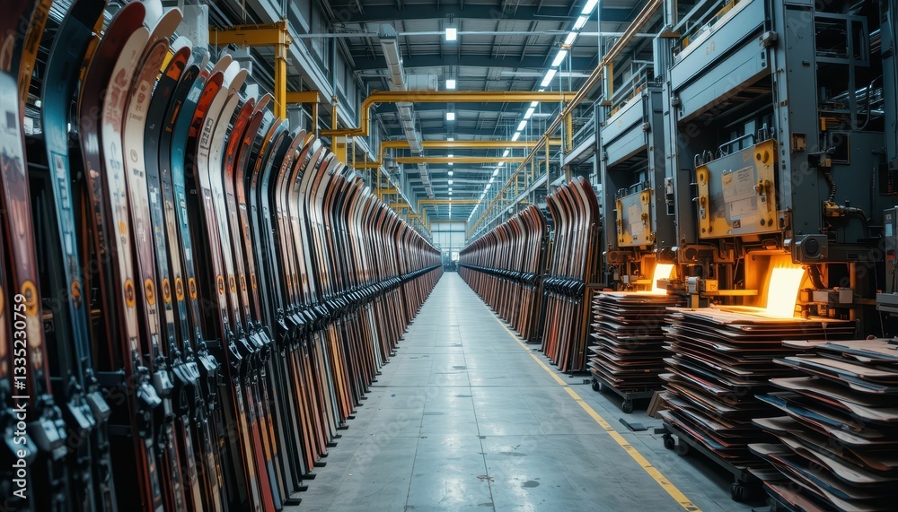 Naklejka premium Ski Manufacturing Facility with Rows of Skis and Equipment Inside