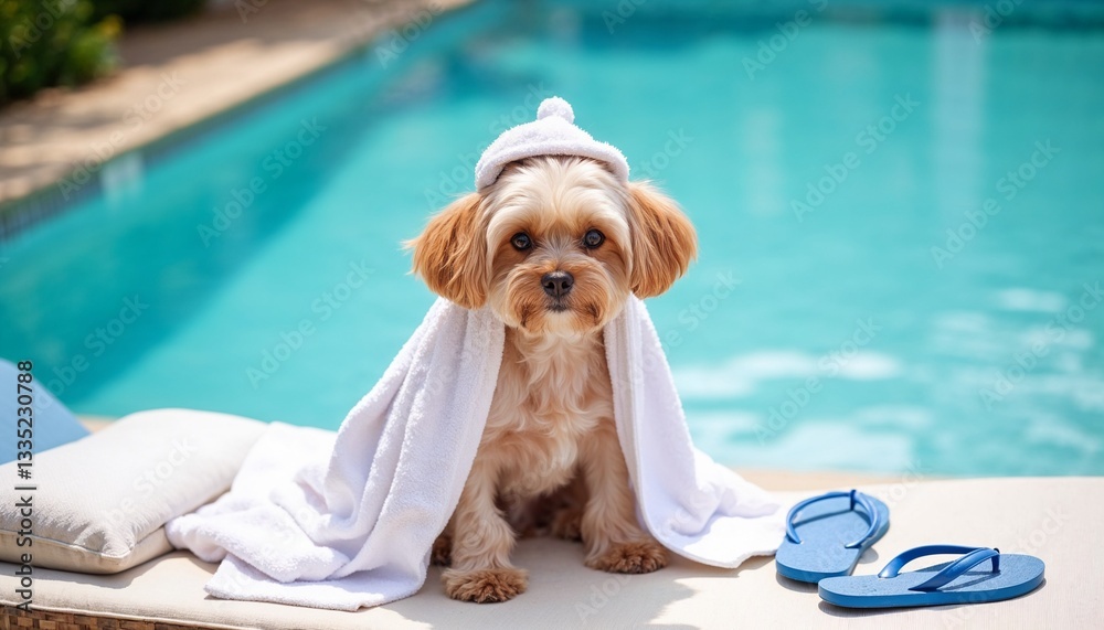 White Maltipoo doggy wrapped in white towel sitting on the pool chaise lounge
