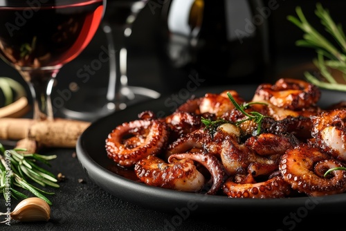 Fototapeta Naklejka Na Ścianę i Meble -  Galician octopus appetizer captured against a dark backdrop with wine
