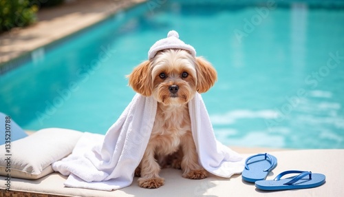 Obraz na płótnie White Maltipoo doggy wrapped in white towel sitting on the pool chaise lounge w salonie