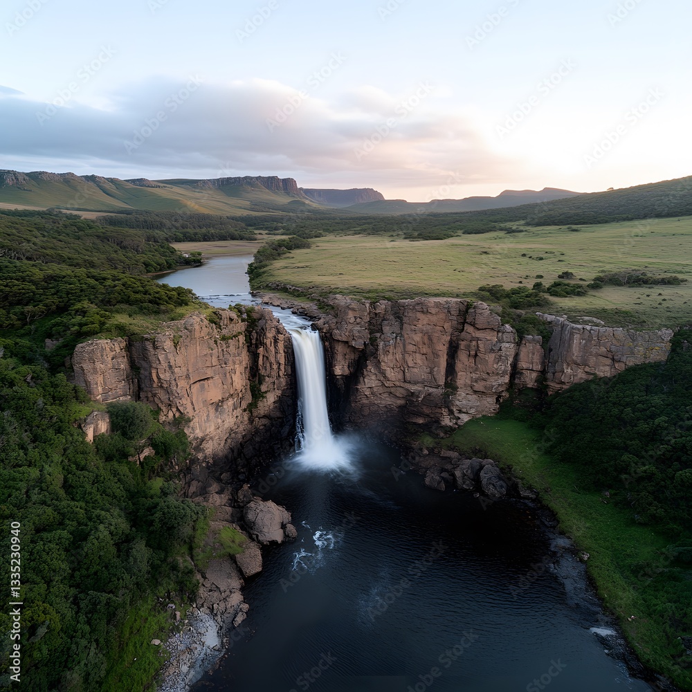Fototapeta premium Aerial view of waterfall cascading into valley at dawn