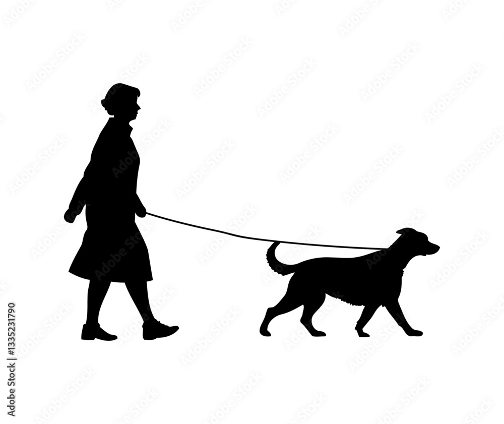 set of old person walking dog. people with dog walking. old man, woman, pet owners, running dog silhouette. vector illustration on Black and white background. set of old person walking dog. people with dog walking. old man, woman, pet owners, running dog silhouette. vector illustration on Black and white background.