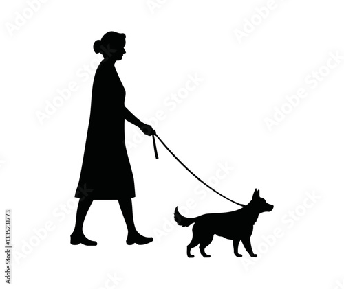 set of old person walking dog. people with dog walking. old man, woman, pet owners, running dog silhouette. vector illustration on Black and white background.