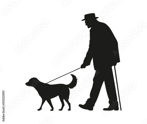 set of old person walking dog. people with dog walking. old man, woman, pet owners, running dog silhouette. vector illustration on Black and white background.