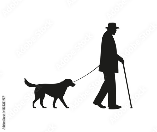 set of old person walking dog. people with dog walking. old man, woman, pet owners, running dog silhouette. vector illustration on Black and white background.