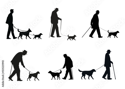 set of old person walking dog. people with dog walking. old man, woman, pet owners, running dog silhouette. vector illustration on Black and white background.
