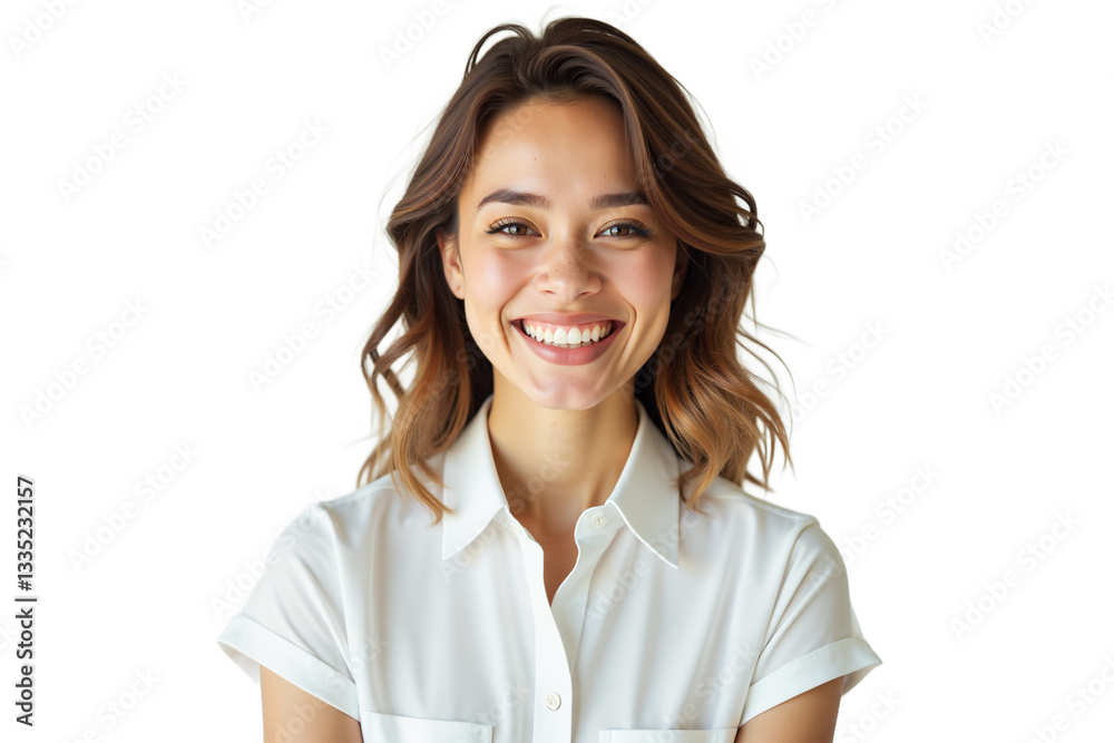 Close-up portrait of smiling woman with perfect white teeth. Professional headshot for business, website profile, or marketing. Isolated on white background. Close-up portrait of smiling woman with perfect white teeth. Professional headshot for business, website profile, or marketing. Isolated on white background.