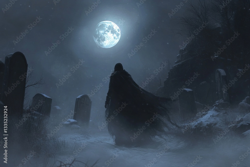 Fototapeta premium Mysterious Figure in Snowy Graveyard under a Full Moon