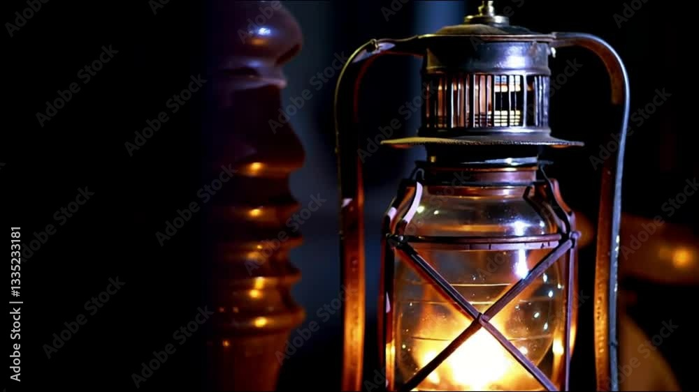 A vintage oil lantern glowing faintly, set against a dramatic dark background, 4k.
