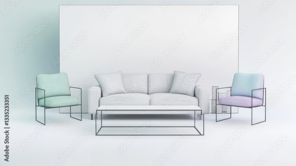 Fototapeta premium A crisp white backdrop with drawings in delicate grey-green lines, showing a modern sofa, two minimalist chairs, and a stylish rectangular coffee table
