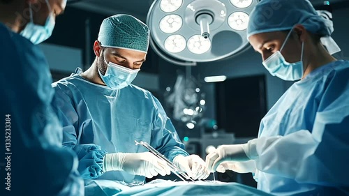An operating room filled with focused medical professionals, where a lead surgeon operates with precision, assisted by nurses handing over sterile instruments.