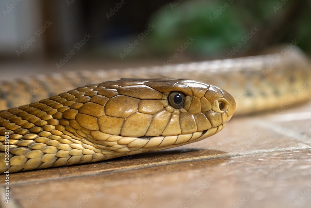 Snake's Close-Up: A detailed view of a snake's head, showcasing its textured scales and intense gaze. The snake's natural camouflage blends with the environment. Snake's Close-Up: A detailed view of a snake's head, showcasing its textured scales and intense gaze. The snake's natural camouflage blends with the environment.